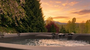 Un bain à remous doté d’une cascade, entouré d’une végétation luxuriante et offrant une vue pittoresque sur les arbres et les montagnes au coucher du soleil.