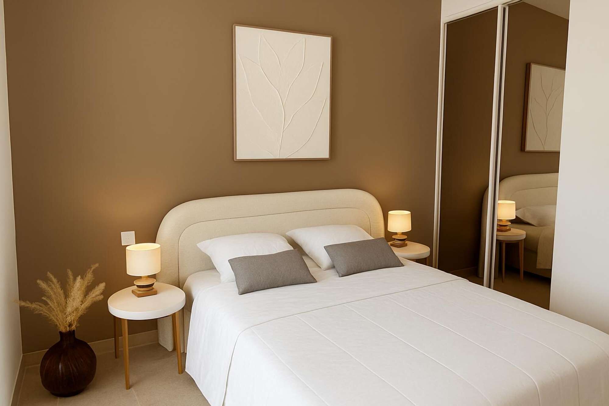 Une chambre à coucher comprenant un lit, des tables de chevet, un miroir, un vase avec des plantes séchées et une œuvre d’art accrochée au mur.