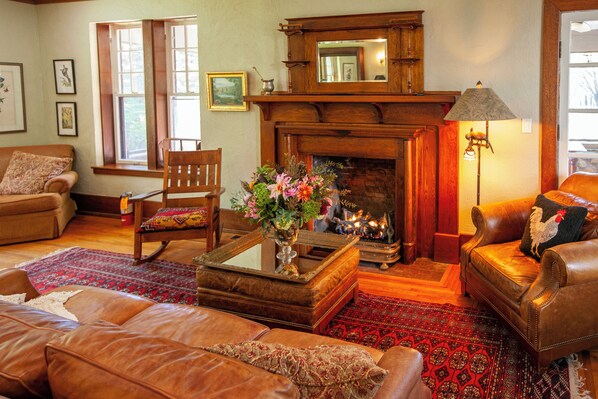 Smart TV, fireplace, books