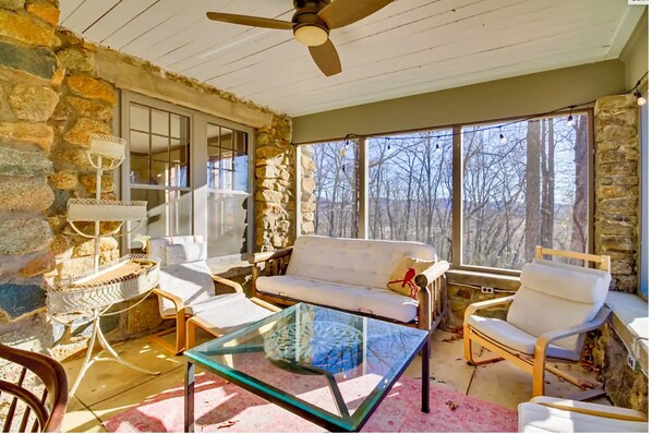 Smart TV, fireplace, books