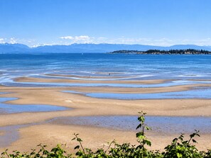 A beach with clear blue water and distant mountains. - Beach Daze! Peaceful Retreat Near Rathtrevor Beaches (Parksville)