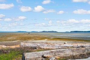 Un vaste paysage ouvert, avec une côte lointaine et un ciel dégagé.