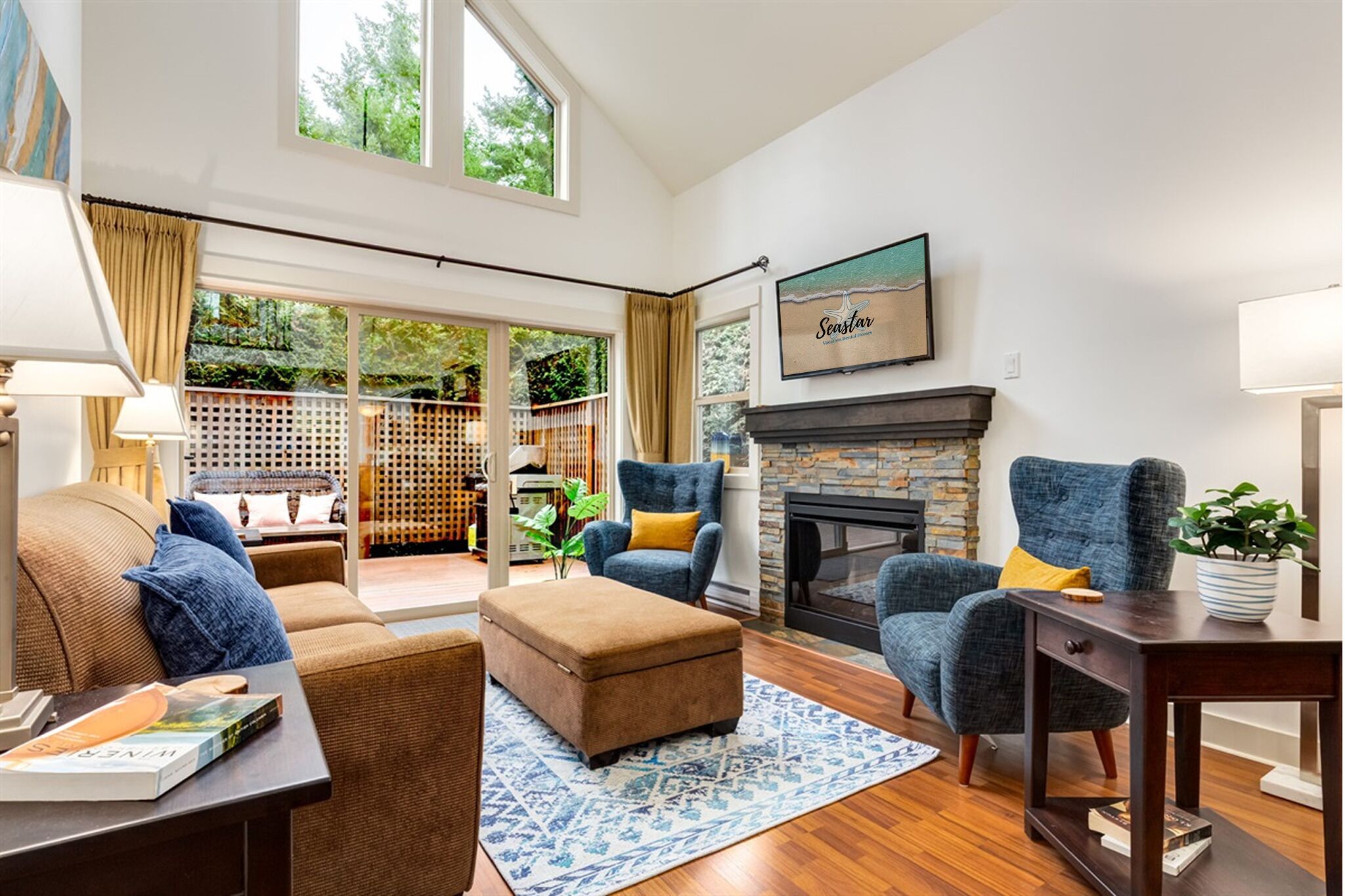 TV connectée, cheminée, livres