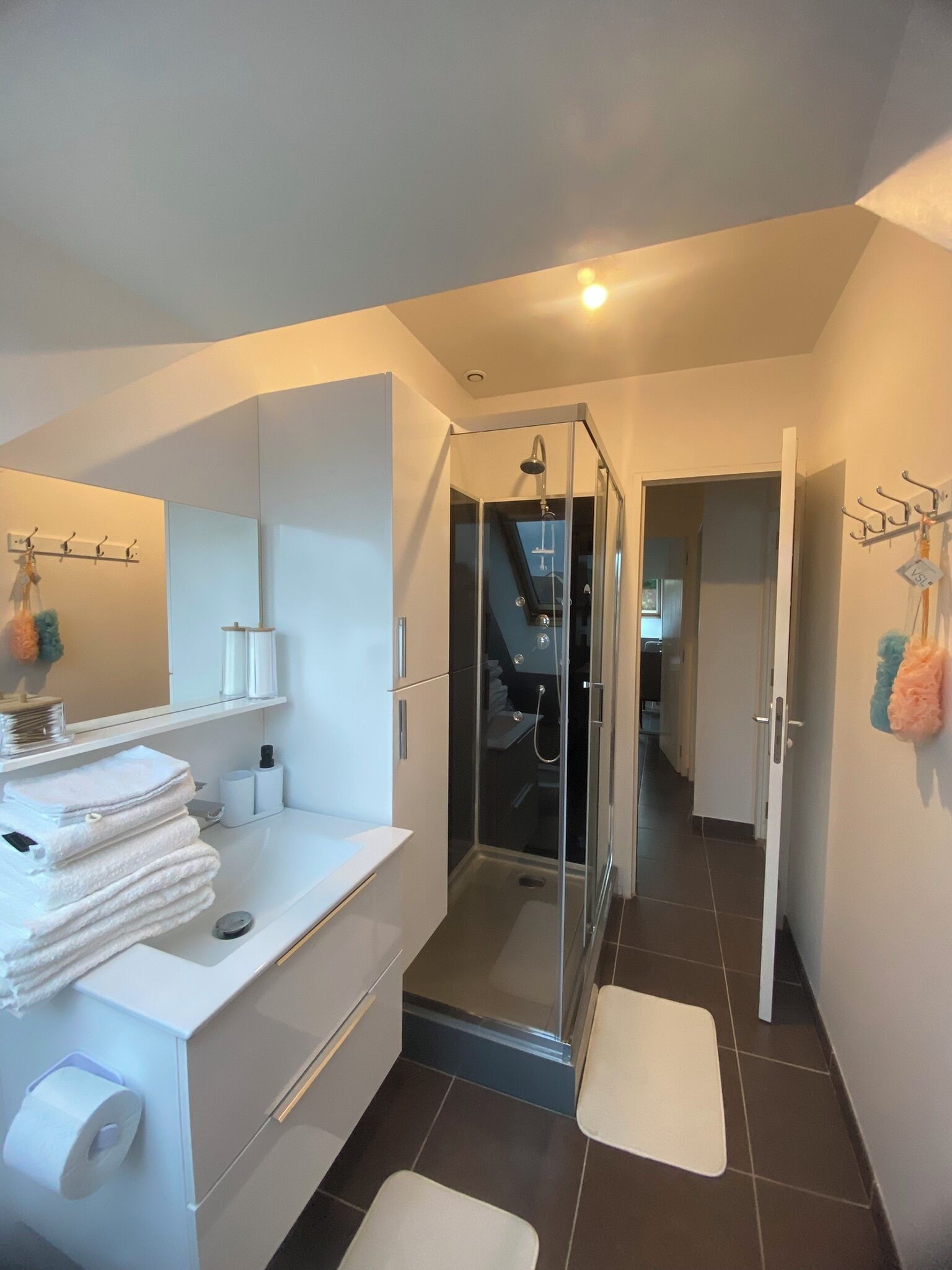 Ducha, secador de pelo, toallas, jabón