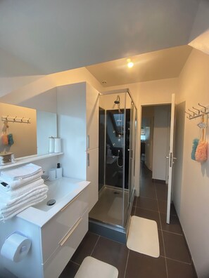 シャワー、ヘアドライヤー、タオル、石鹸