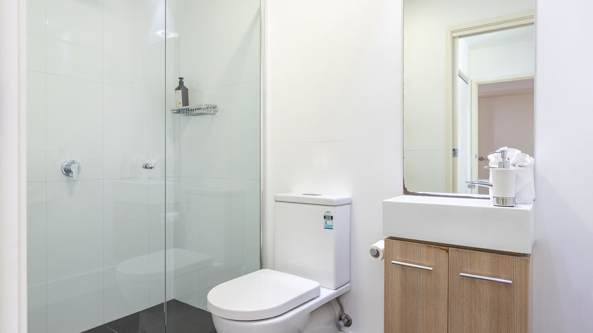 Een moderne badkamer met een glazen douchecabine, toilet en een wastafel met spiegel.