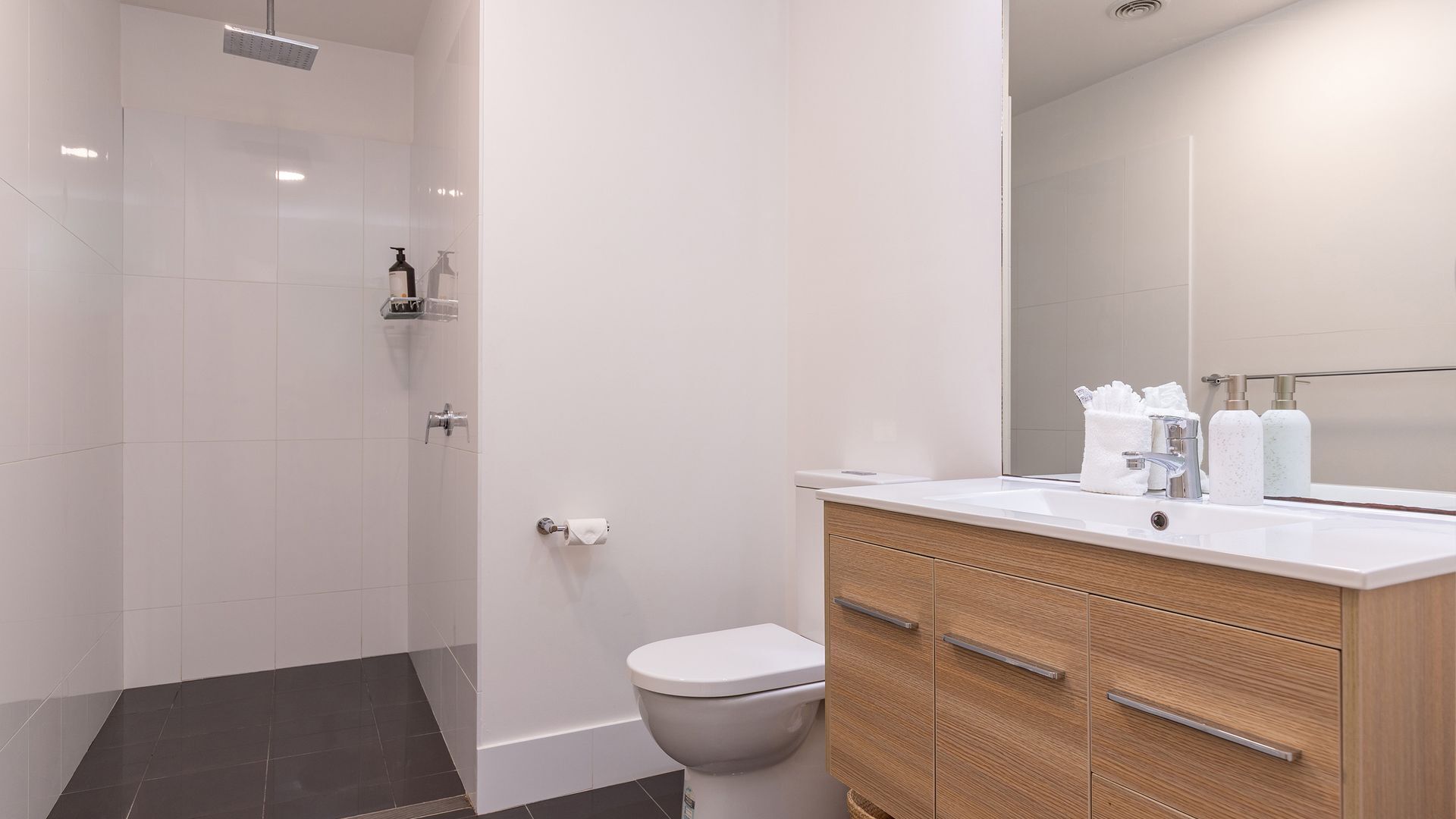 Une salle de bain moderne équipée d’une douche, de toilettes et d’un meuble-lavabo avec un miroir.