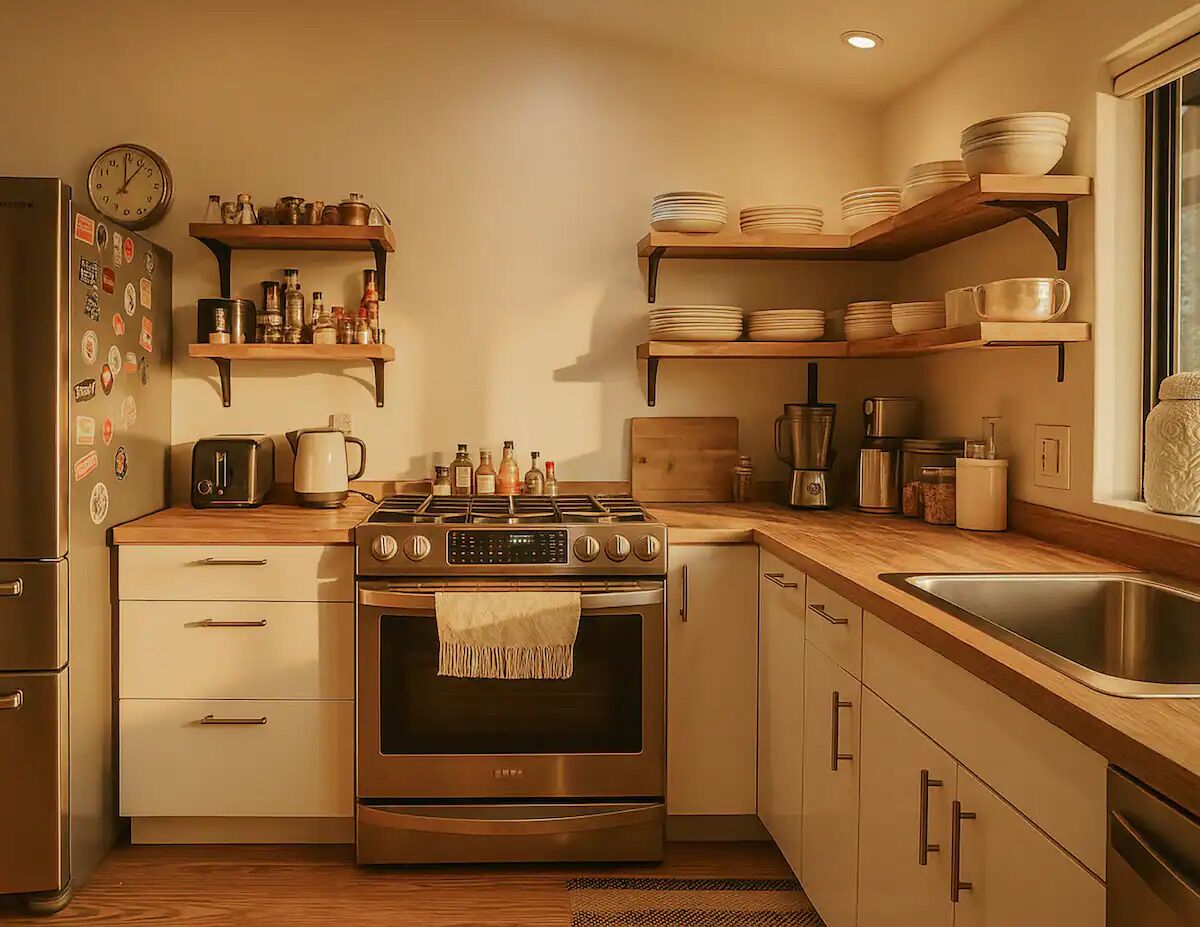 A modern kitchen with stainless steel appliances, wooden countertops, and built-in shelving for dishes and spices.