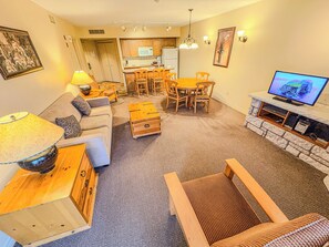 TV, fireplace, DVD player, stereo