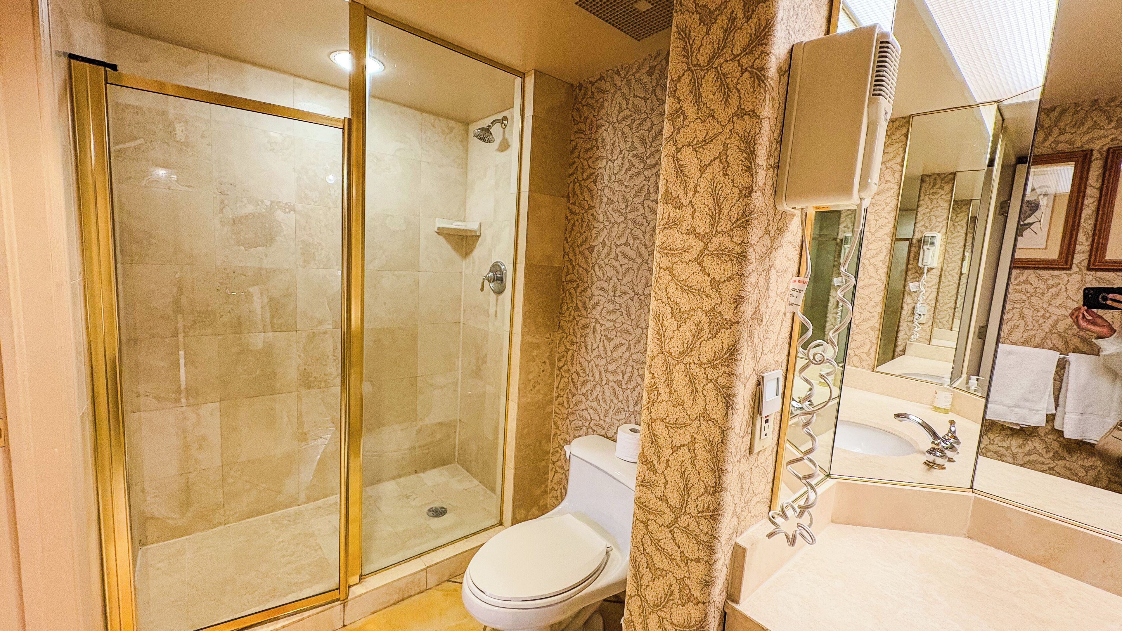 A bathroom with a glass-enclosed shower, a toilet, and a sink with a mirror.