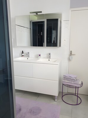 Chuveiro, secador de cabelo, toalhas de banho 