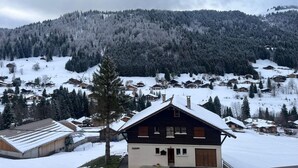 Un village de montagne enneigé, avec des maisons en bois, un bâtiment imposant au premier plan et une forêt dense en arrière-plan.