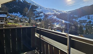 Et bjerglandskab med sneklædte skråninger og en klar himmel.