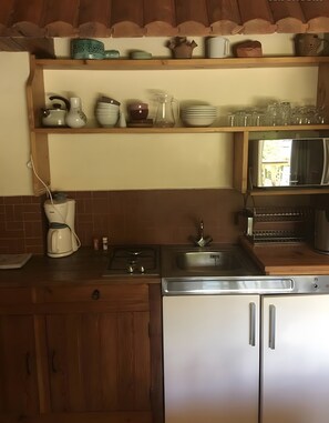 Fridge, microwave, stovetop, coffee/tea maker