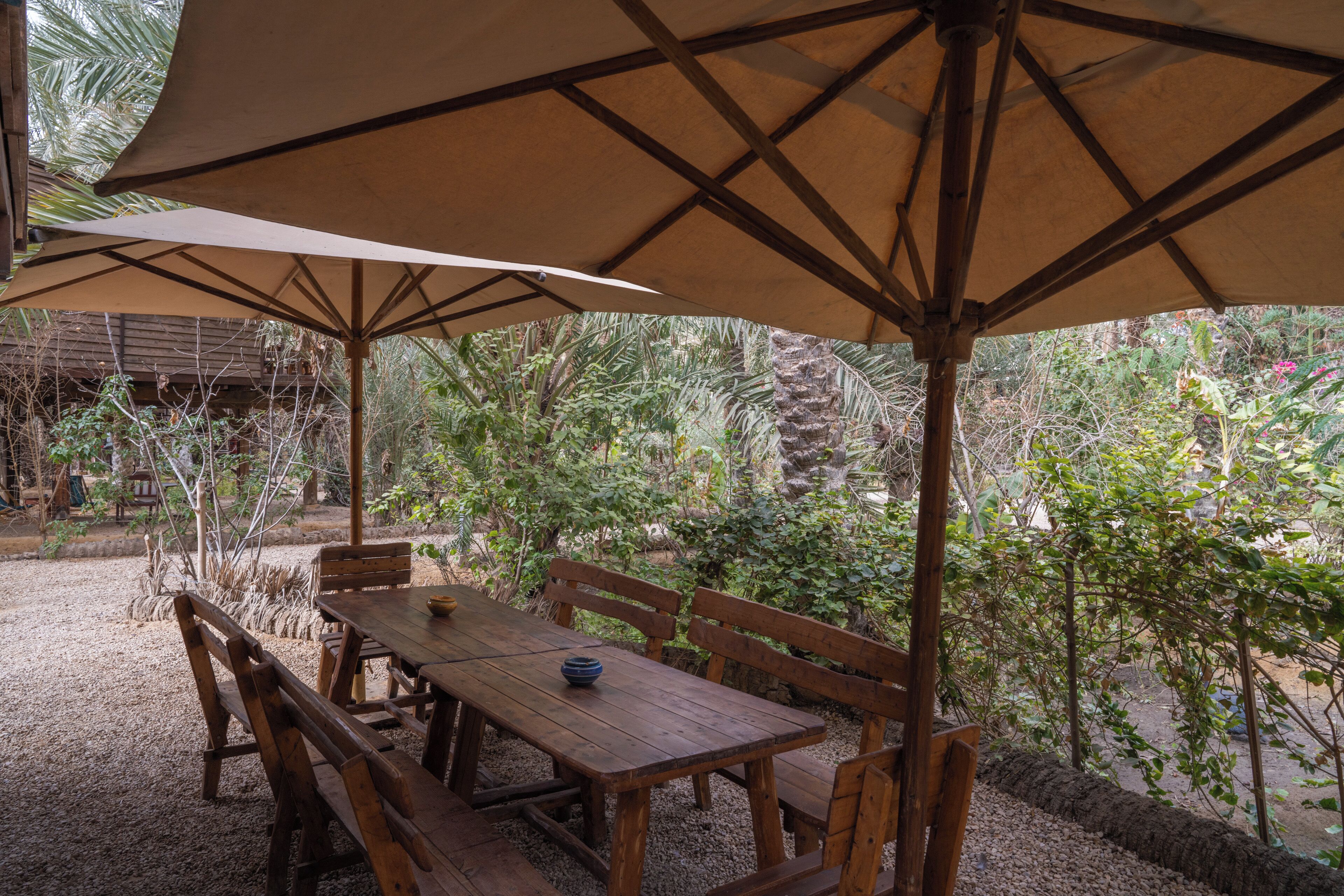 An outdoor wooden table with benches and a large umbrella, surrounded by greenery.