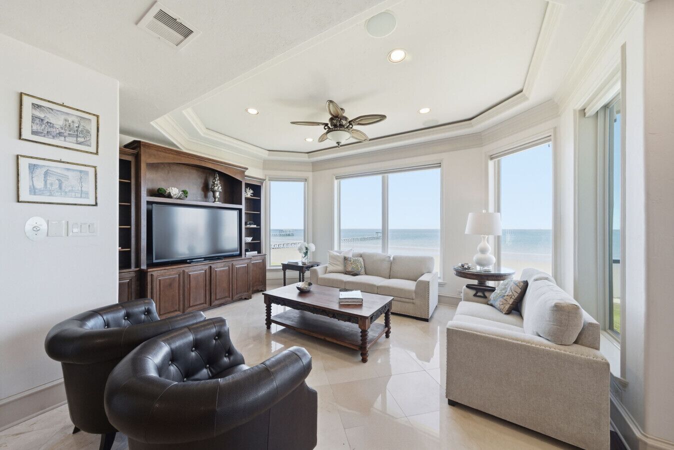 TV, fireplace, books, offices