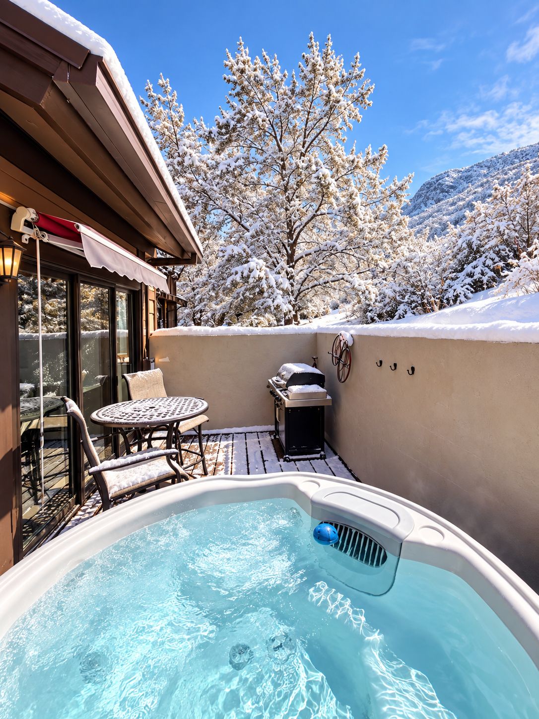 A hot tub with a view of snow-covered trees and mountains.