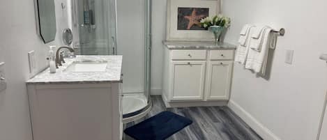 Shower, hair dryer, towels, soap