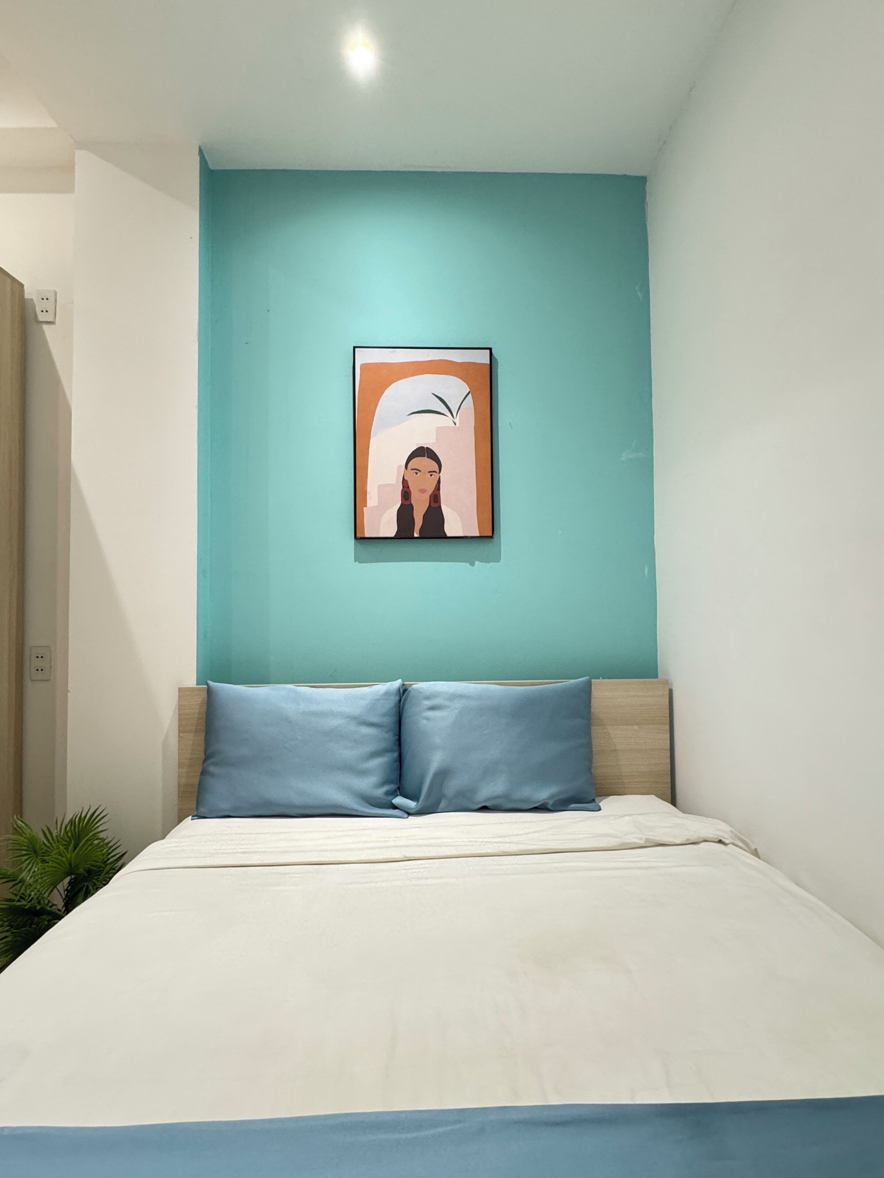 A bedroom with a bed, two pillows, a wall-mounted artwork, and a plant.
