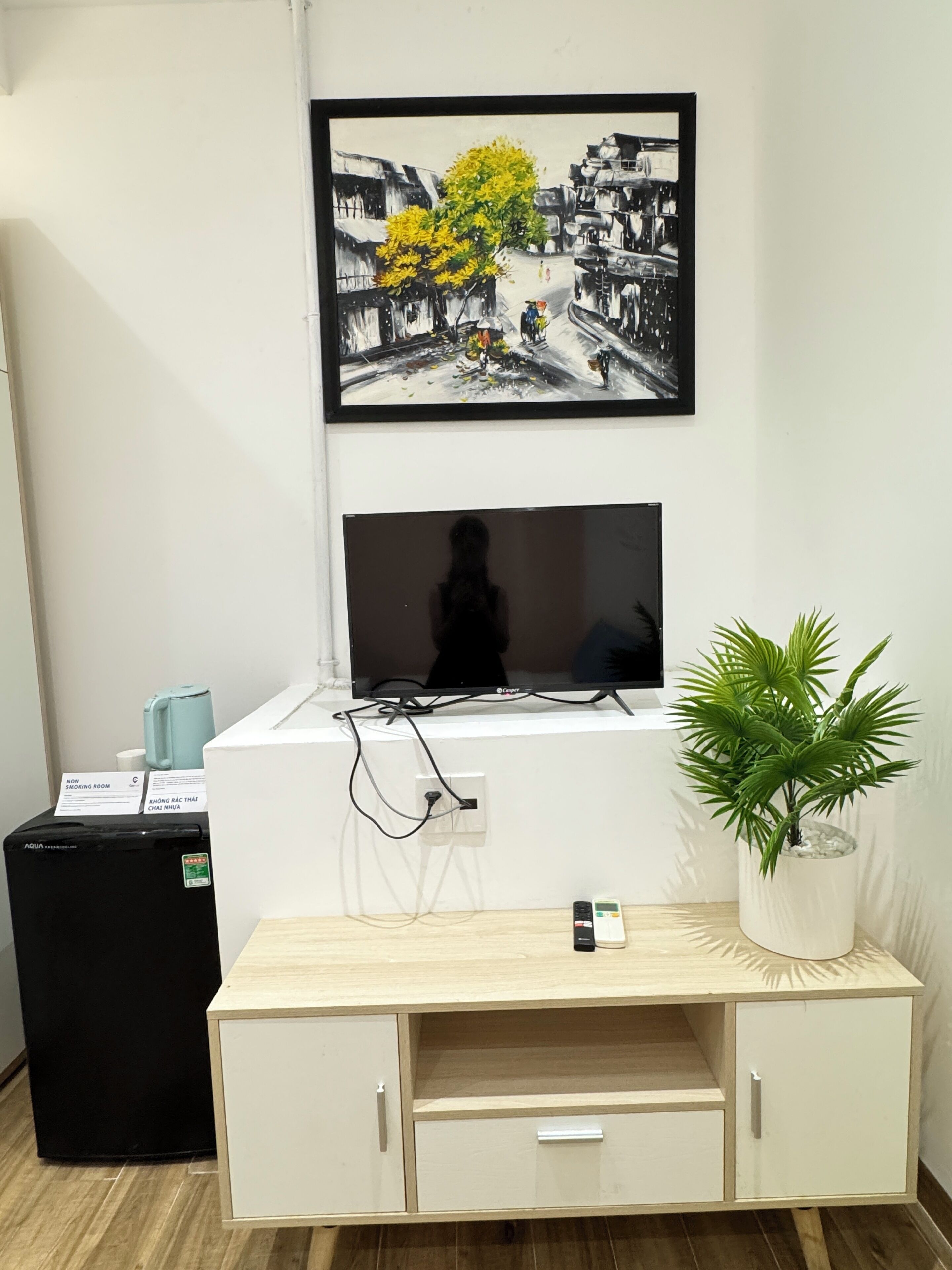 Habitación con televisor montado en un mueble blanco, una pequeña planta a la derecha y un refrigerador negro a la izquierda.
