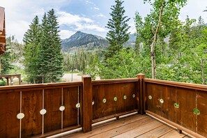 A wooden deck with a view of a mountainous landscape.