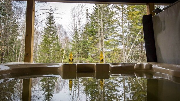 A hot tub with a clear view of a forested area through the window. - Le Cozy – Hot Tub, Beach & Ski Getaway Tremblant (Lac-Supérieur)