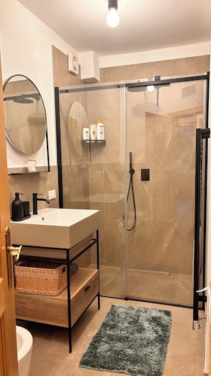 Hair dryer, towels, soap, toilet paper
