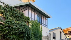 A swimming pool with a wooden deck, a building with a stone facade, and a large green ivy-covered wall. - Property XXL 320 m²_10 to 16 pers_Piscine (Roujan)