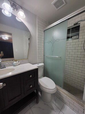 Shower, hair dryer, towels, soap