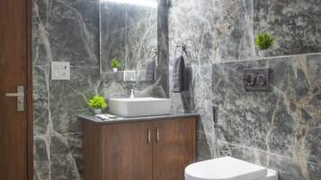 Shower, towels, soap, toilet paper