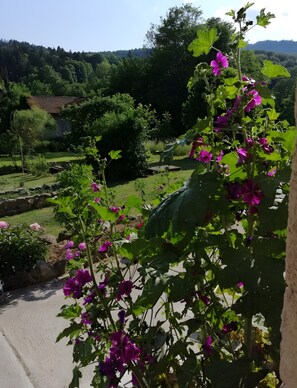 A garden with a variety of plants and flowers, a stone wall, and a view of a forested area in the background. - La Sapinière Guest Room with Shared Terrace and Wi-Fi (Rehaupal)