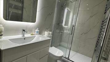 Shower, towels, toilet paper
