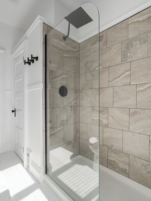 Shower, eco-friendly toiletries, hair dryer, towels