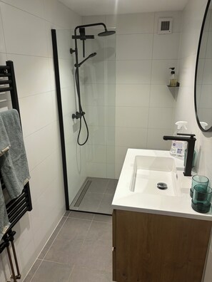 Shower, hair dryer, towels, soap
