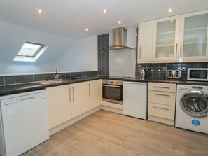 Fridge, microwave, toaster, cookware/dishes/utensils