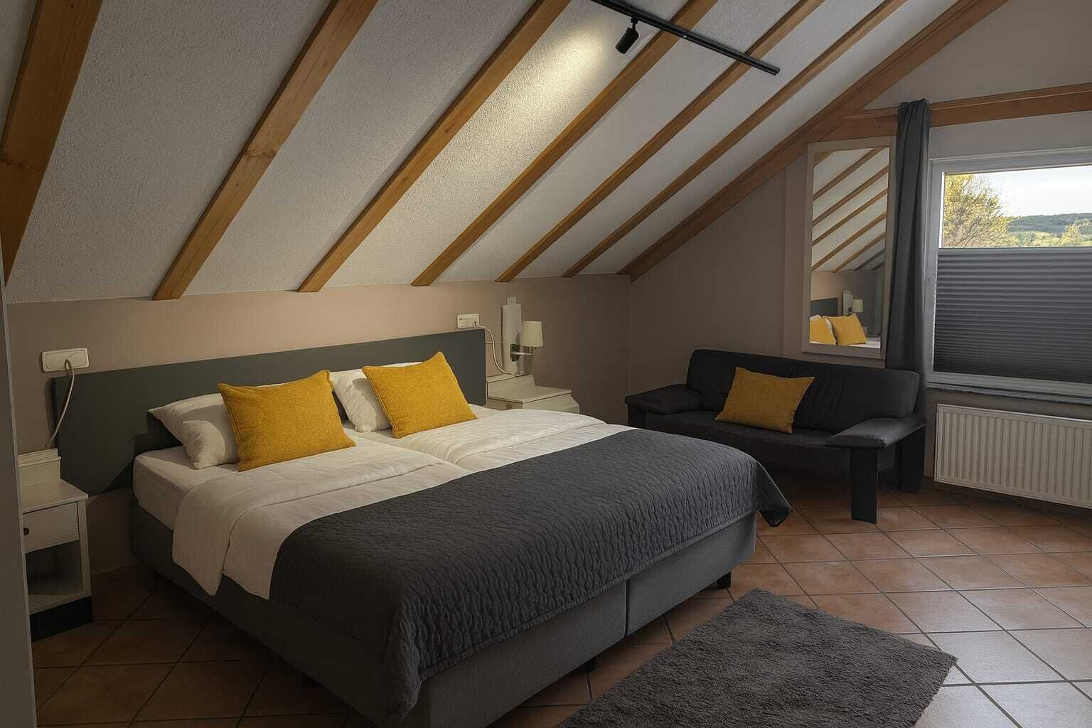 A bedroom with a bed, a sofa, a nightstand, a lamp, and a window with blinds.