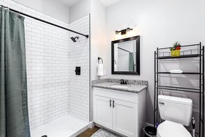 Hair dryer, towels, soap, toilet paper