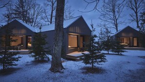 Een modern houten blokhutachtig gebouw met een metalen dak, omringd door sneeuw bedekte grond en bomen.