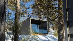 A modern cabin with a large glass window, surrounded by trees and snow. - Tranquil Waters at Dimensions | Cabin Two | Breakfast Included (Algonquin Highlands)