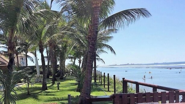 Um deck de madeira com um banco, palmeiras e vista para o mar.