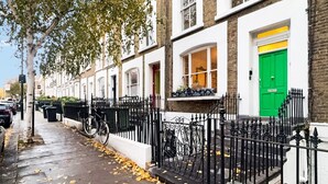 Une rangée de maisons mitoyennes avec une porte verte, un vélo et des feuilles mortes sur le trottoir.