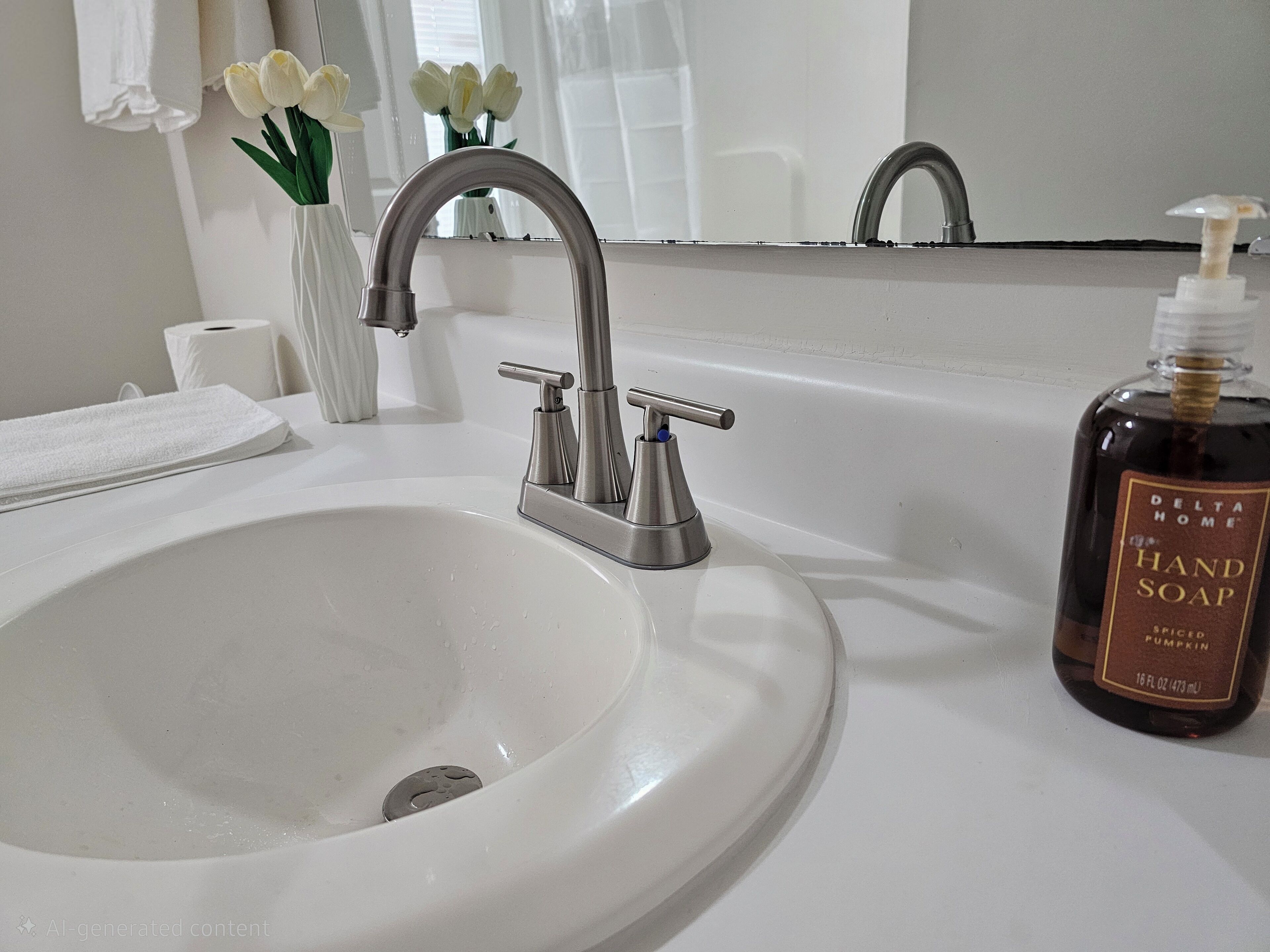Un lavabo de baño con un grifo moderno, una botella de jabón para manos y un florero con flores blancas.