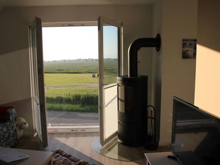 TV, fireplace, books. Vacation apartment Deichtraum "De Wind"