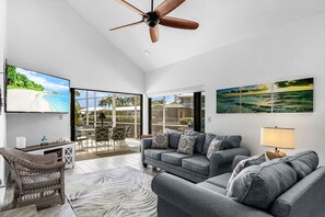 Living area - Waterfront Retreat: Charming 2-BR Home w/ AC, Dock & Peaceful. (Saint James City)