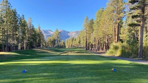 Un campo da golf con cielo sereno, erba verde e alberi.