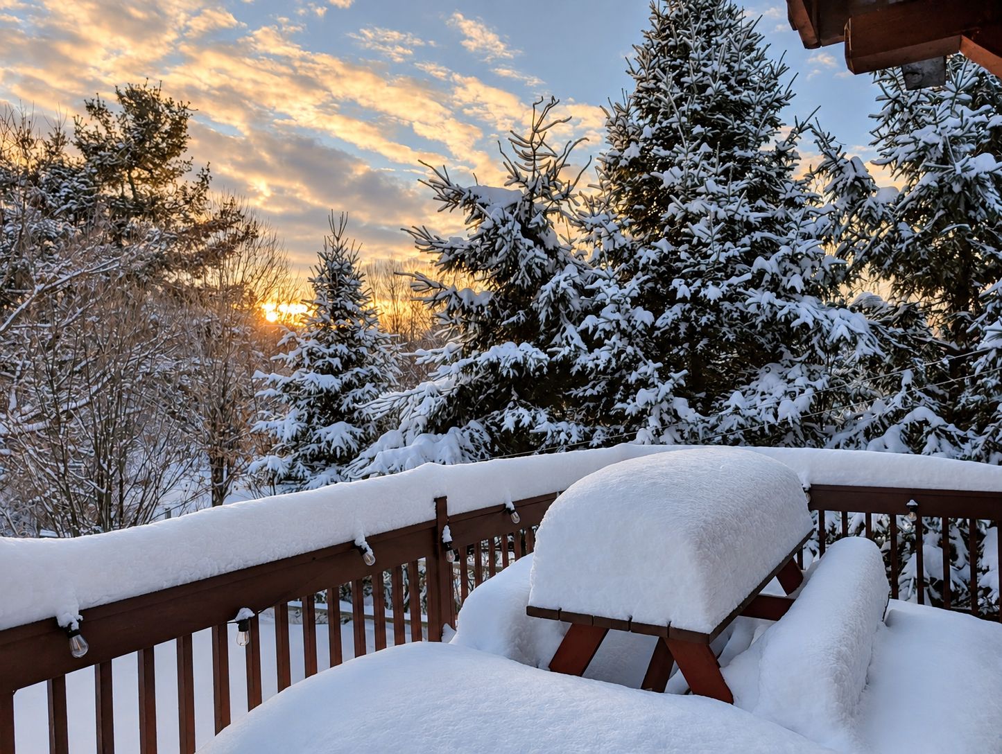 A snow-covered deck with a wooden railing and a bench, overlooking a forest with snow-laden trees and a sunset in the background.