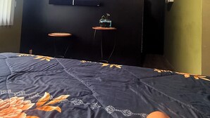 A bedroom with a bed, a TV mounted on the wall, a small table, and a potted plant. - Villa Mariaclaudia Macas (Macas)