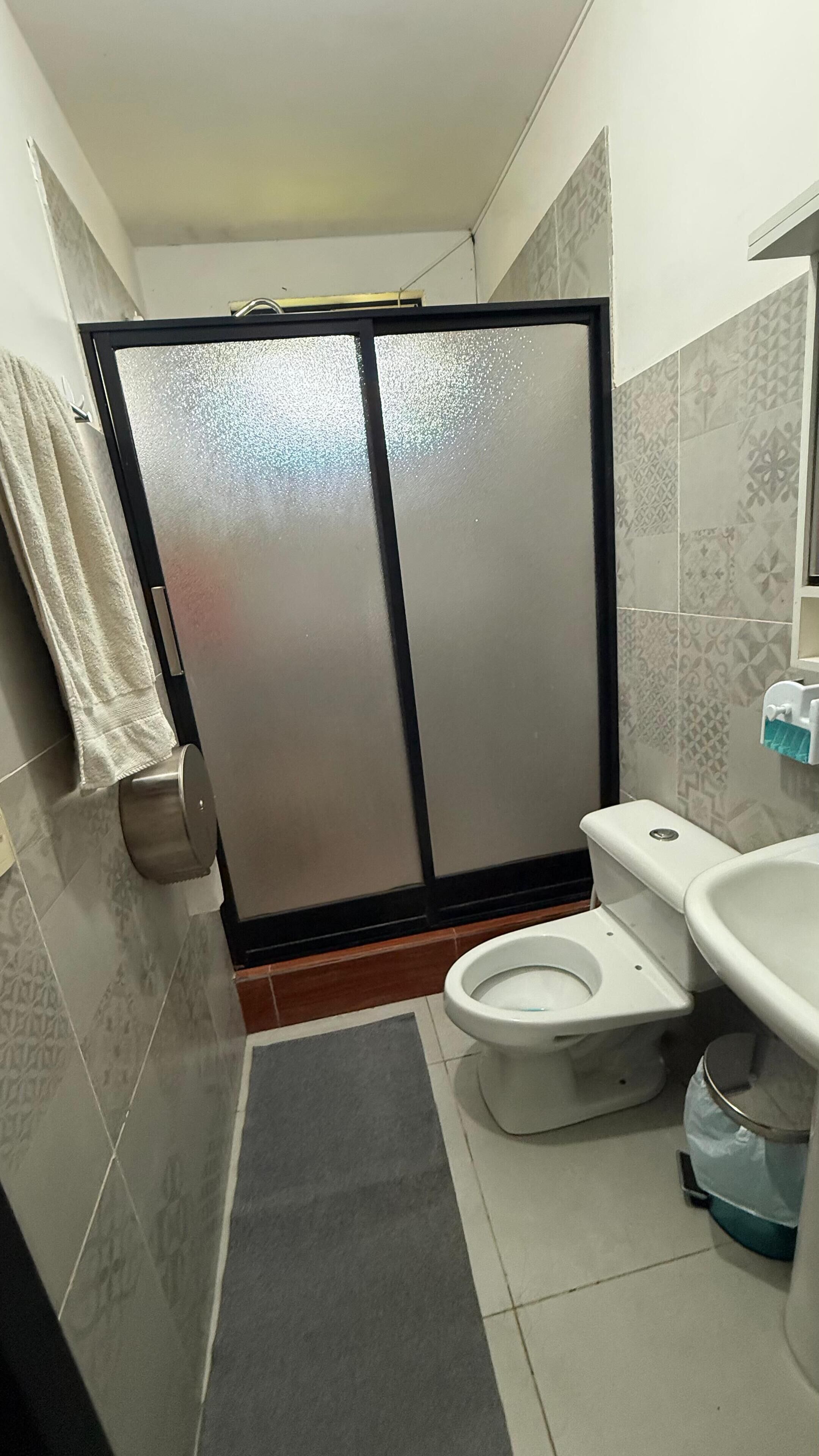 Casa de banho com sanita, lavatório e zona de duche com portas de vidro jateado.