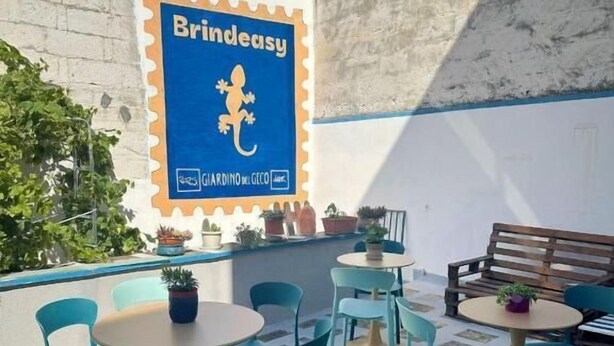 Un espace extérieur aménagé avec des chaises et des tables bleues, une fresque représentant un lézard et un mur en briques.