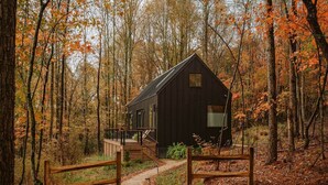 Una cabaña en un bosque, con una terraza de madera y un sendero que la lleva a ella.